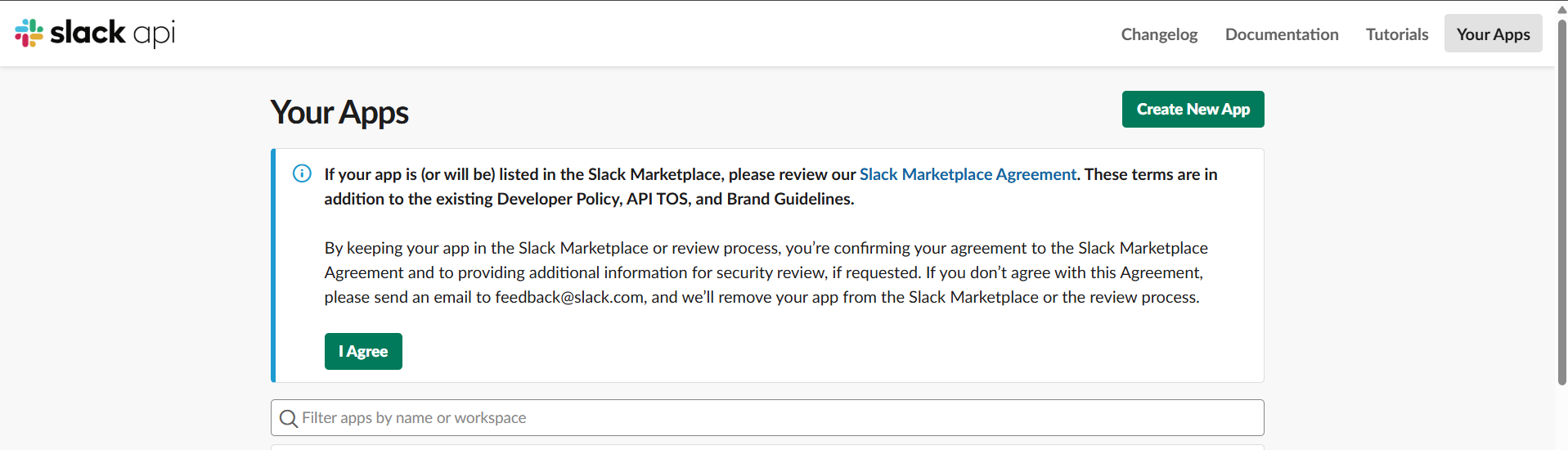 Slack API — Your Apps page with the Create New App button
