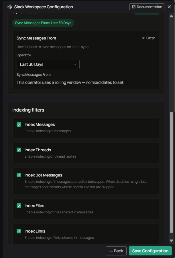 PipesHub — Slack Workspace sync filters and indexing filters