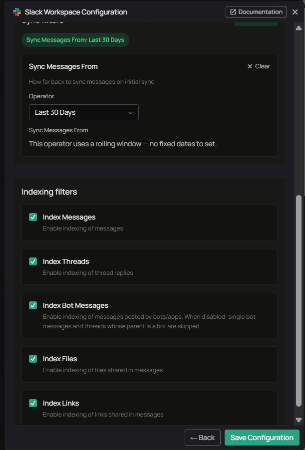 PipesHub — Slack Workspace sync filters and indexing filters