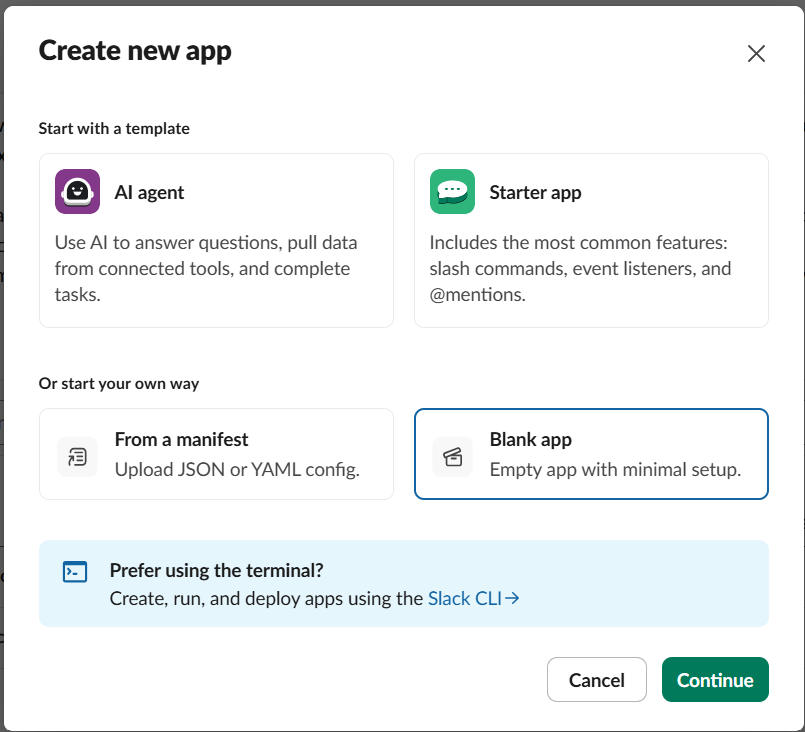 Slack — Create new app dialog with Blank app selected
