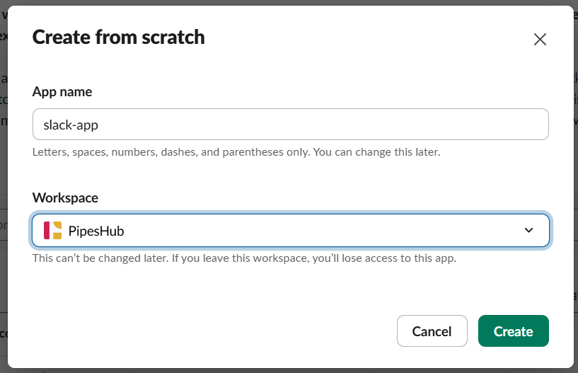 Slack — Create from scratch dialog with app name and workspace