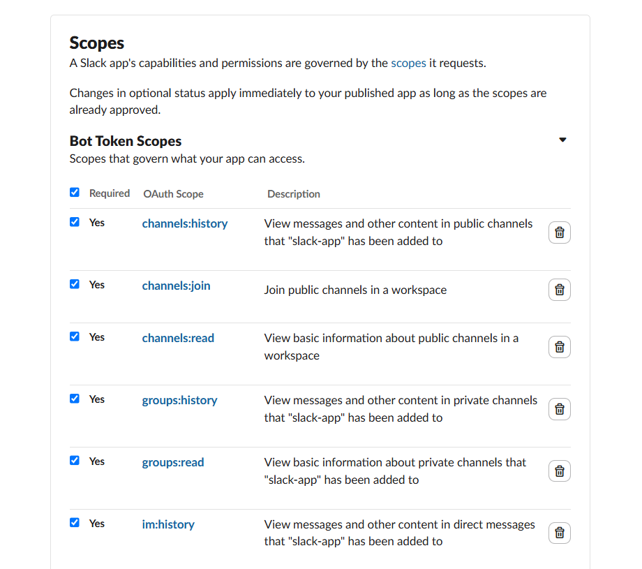 Slack — Bot Token Scopes list