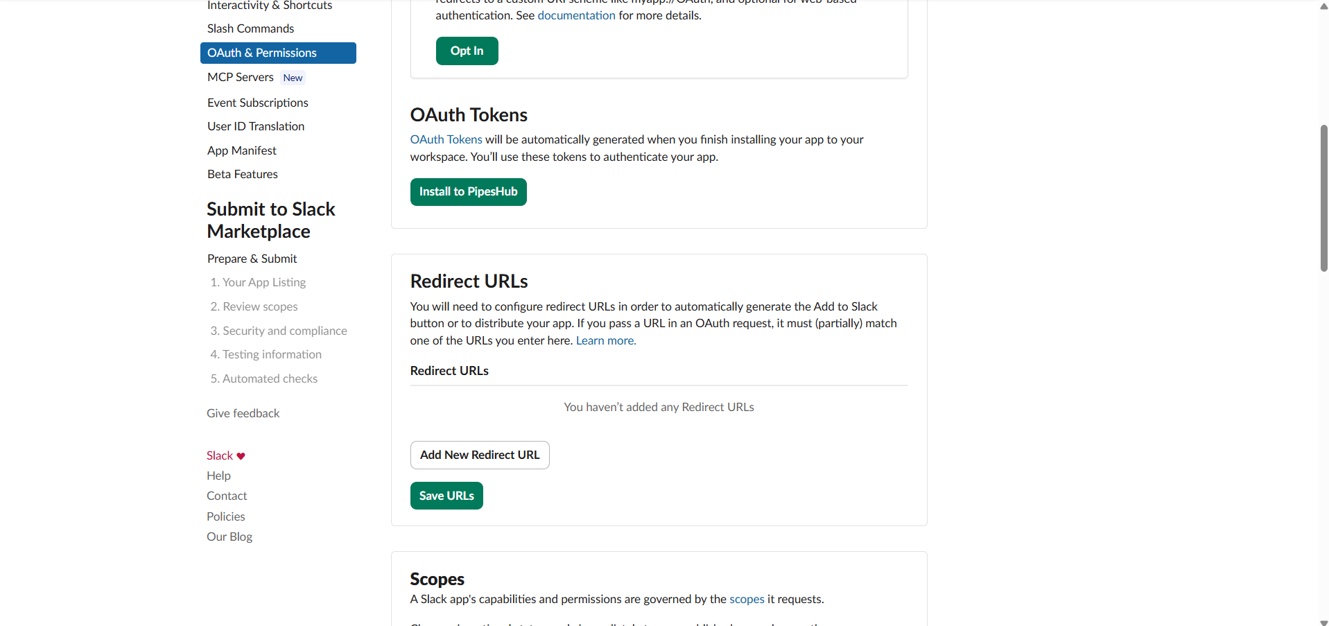 Slack — OAuth & Permissions page with the Install to workspace button