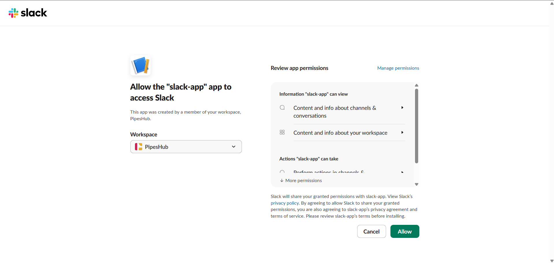 Slack — Review app permissions and allow installation