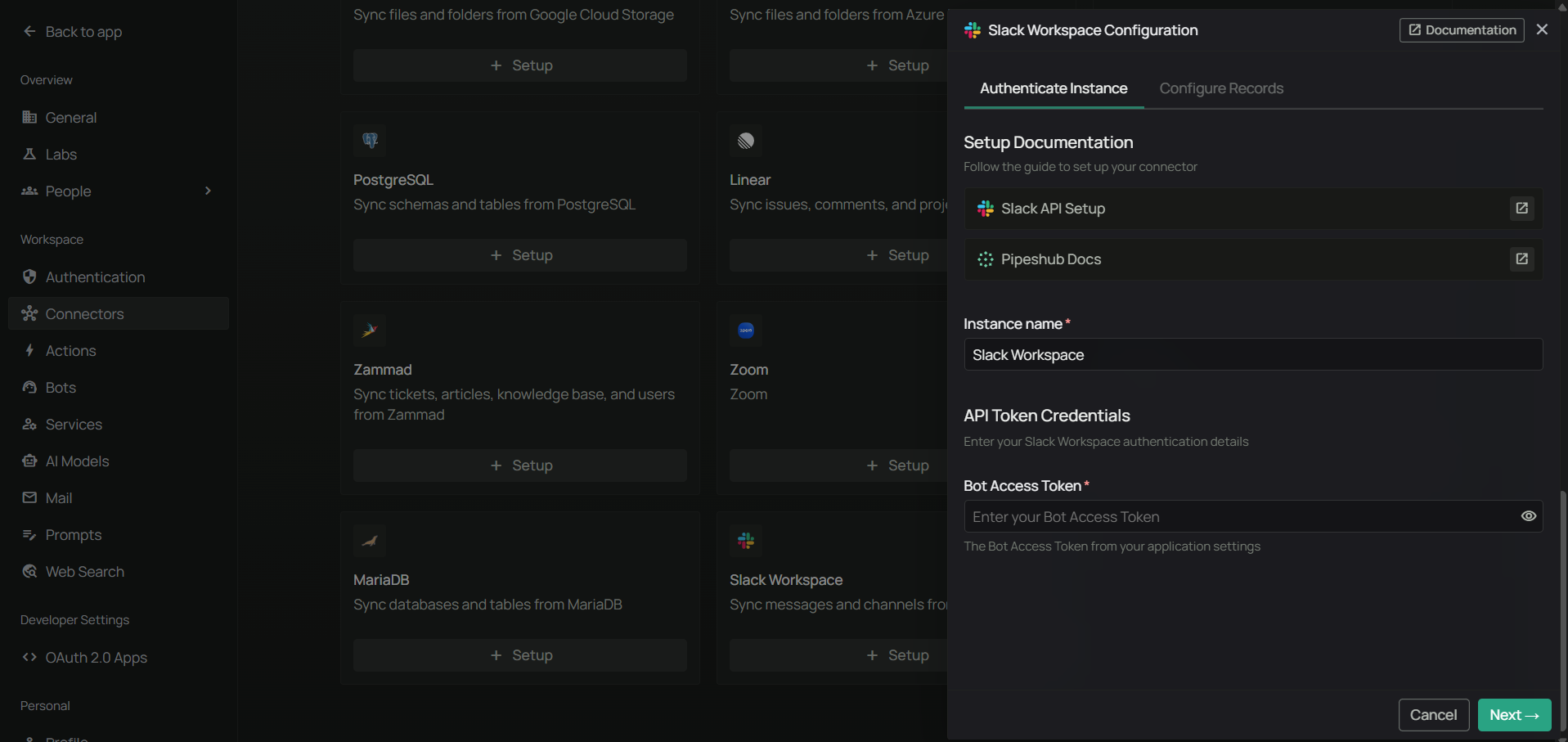 PipesHub — Slack Workspace Configuration, Authenticate Instance tab with Bot Access Token