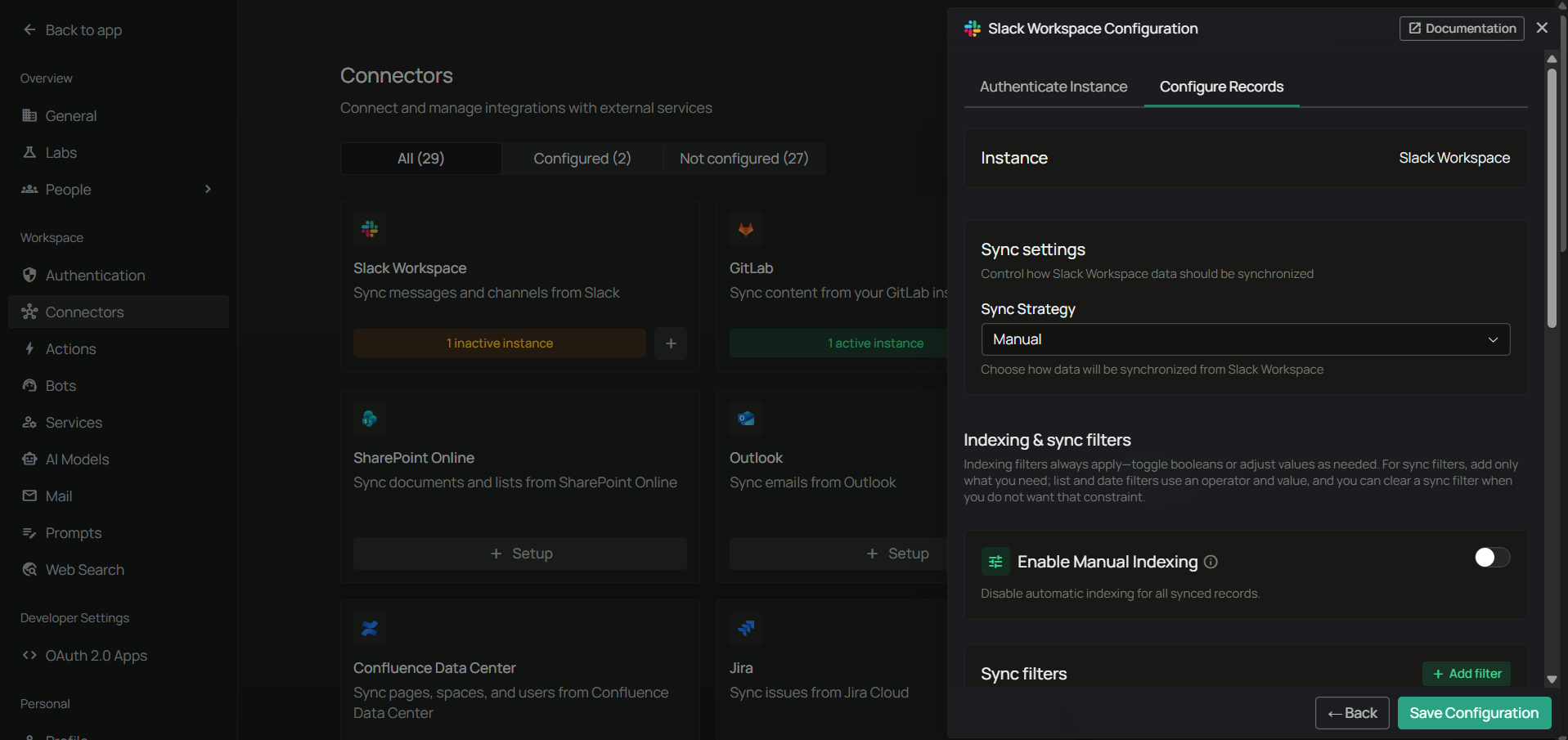PipesHub — Slack Workspace Configure Records tab with sync settings