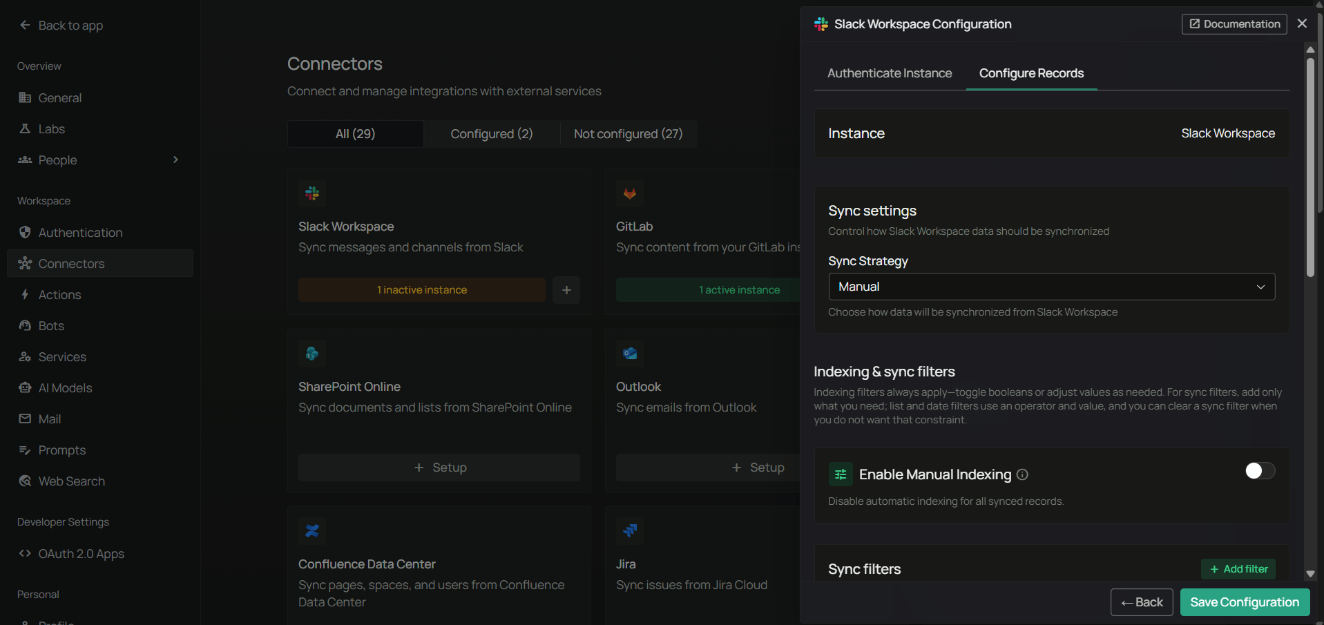 PipesHub — Slack Workspace Configure Records tab with sync settings