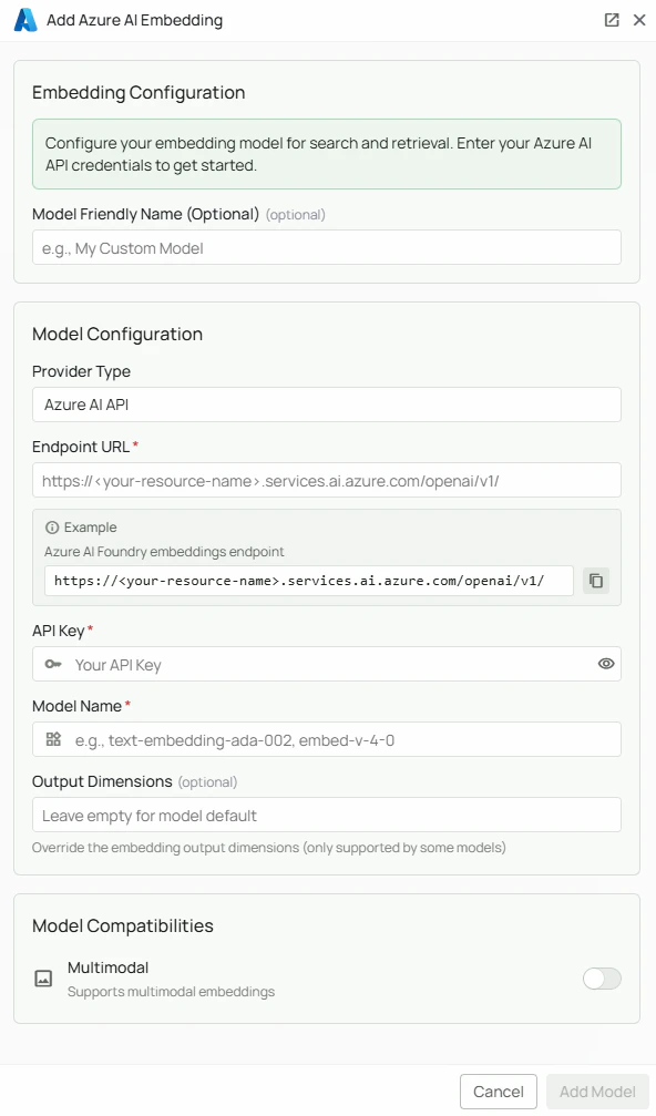 Azure AI Embeddings Configuration Interface