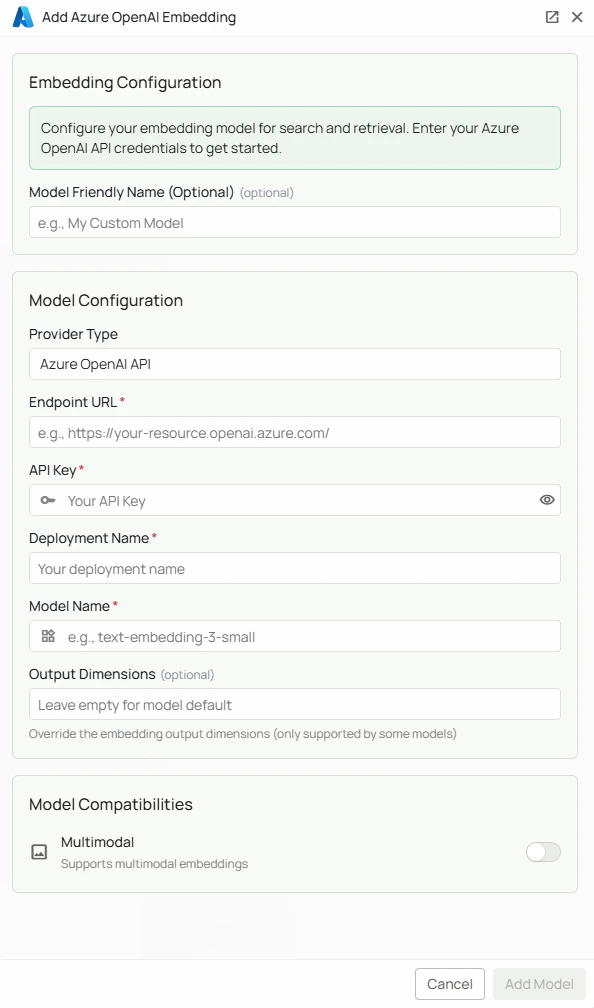 Azure OpenAI Embeddings Configuration Interface