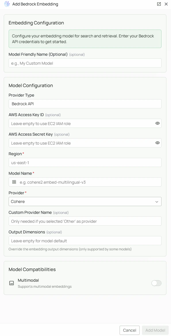 Amazon Bedrock Embeddings Configuration Interface