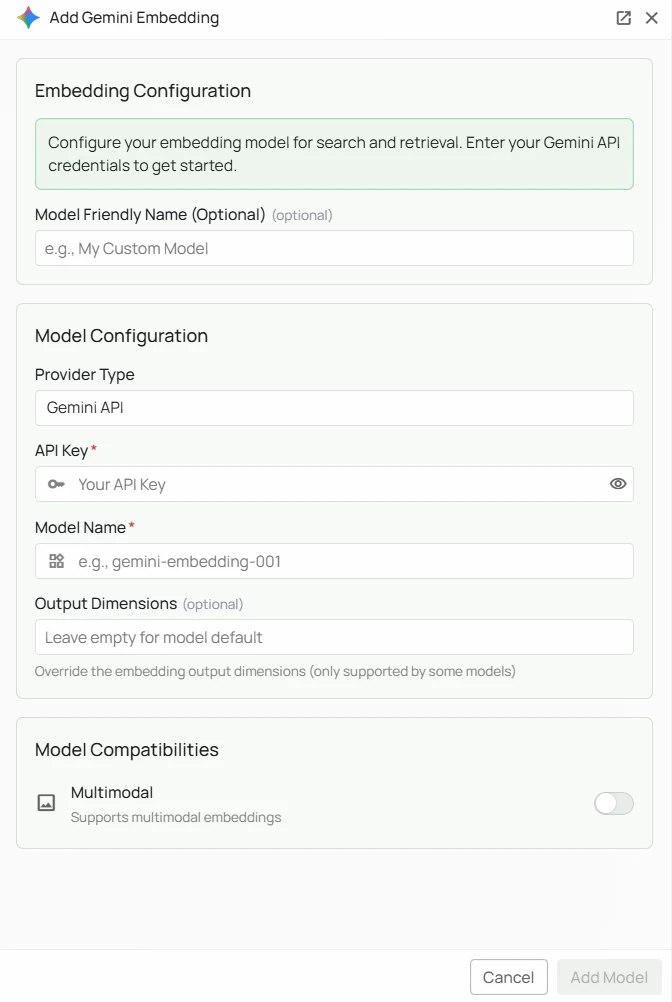 Gemini Embeddings Configuration Interface