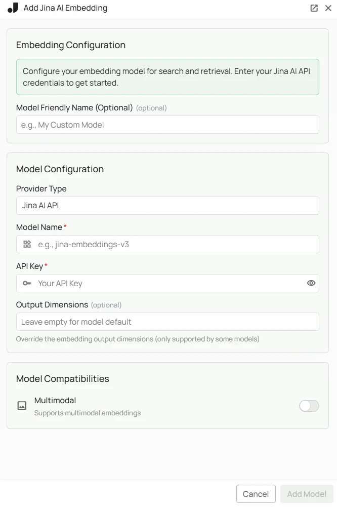 Jina AI Embeddings Configuration Interface