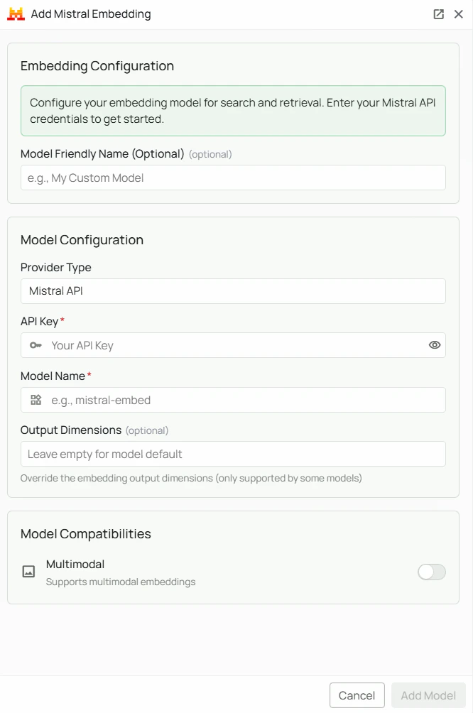 Mistral AI Embeddings Configuration Interface