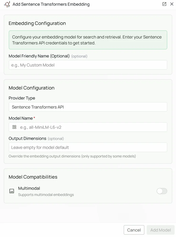 Sentence Transformer Embeddings Configuration Interface