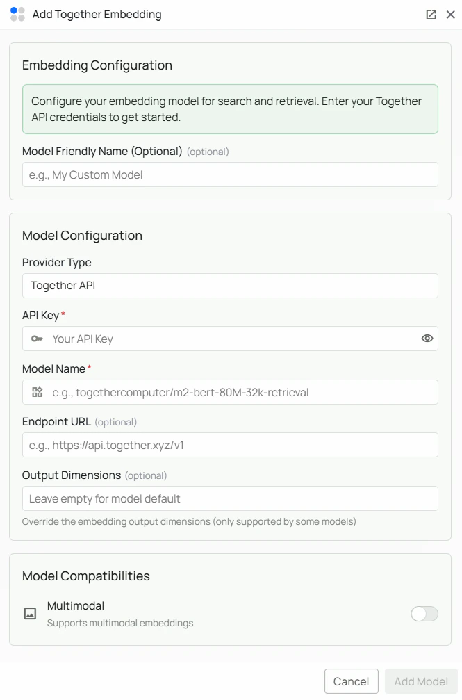 Together AI Embeddings Configuration Interface
