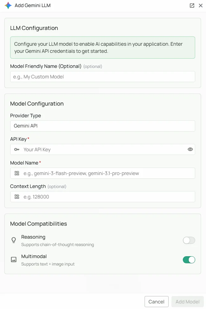 Google Gemini Configuration Interface