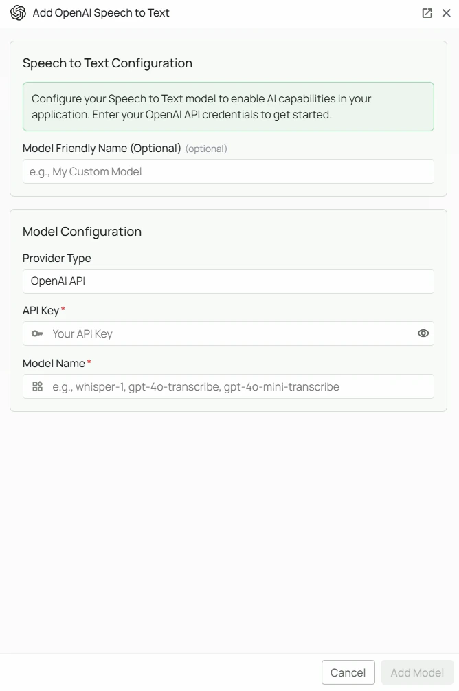 OpenAI STT Configuration Interface
