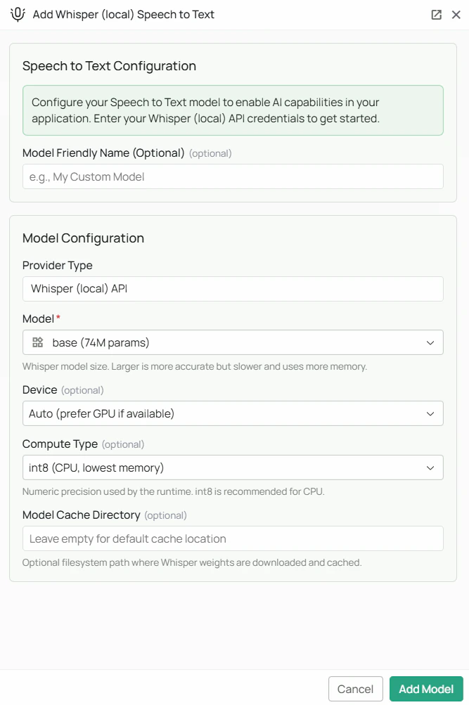Whisper Local STT Configuration Interface
