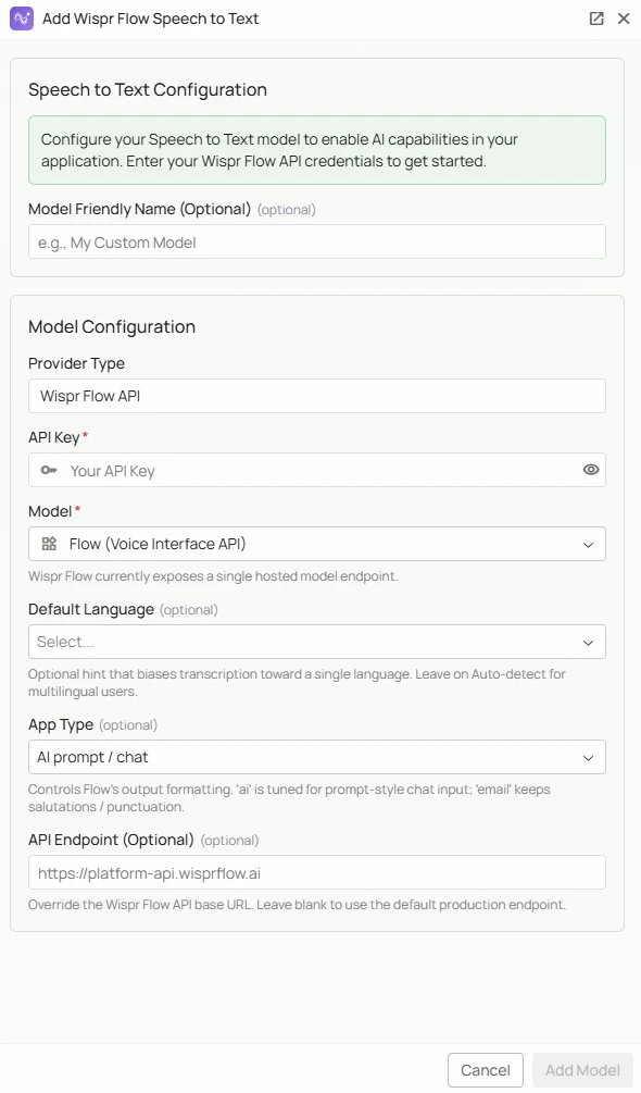 Wispr Flow STT Configuration Interface