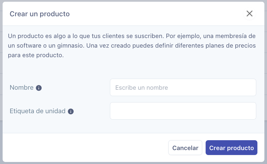 Formulario Crear un producto con los campos Nombre y Etiqueta de unidad