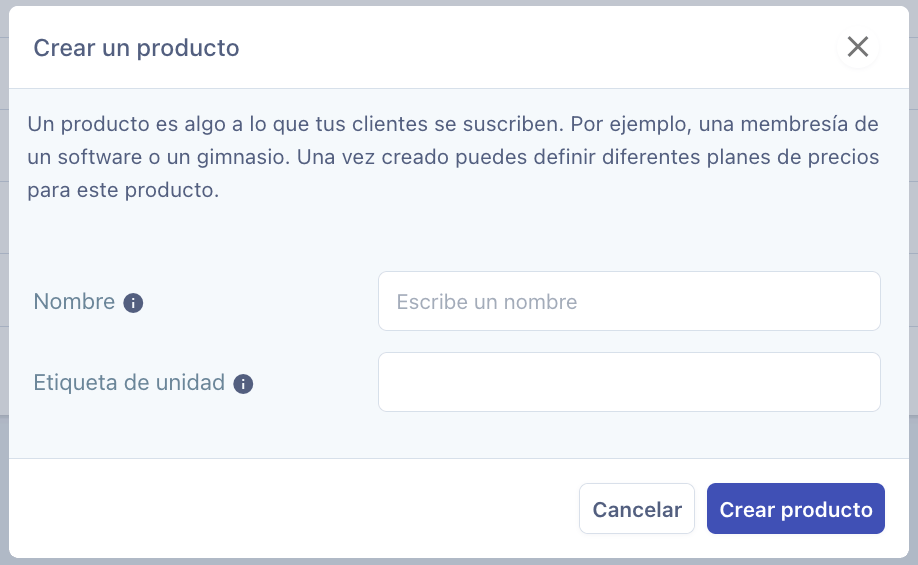 Formulario Crear un producto con los campos Nombre y Etiqueta de unidad