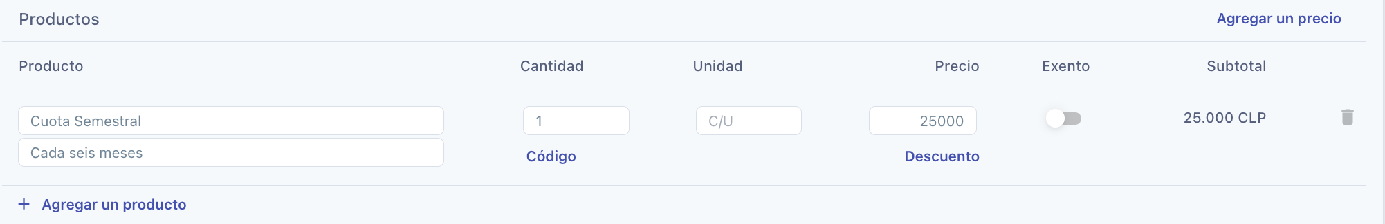 Línea de una factura con el nombre y la descripción del plan, la cantidad y el precio