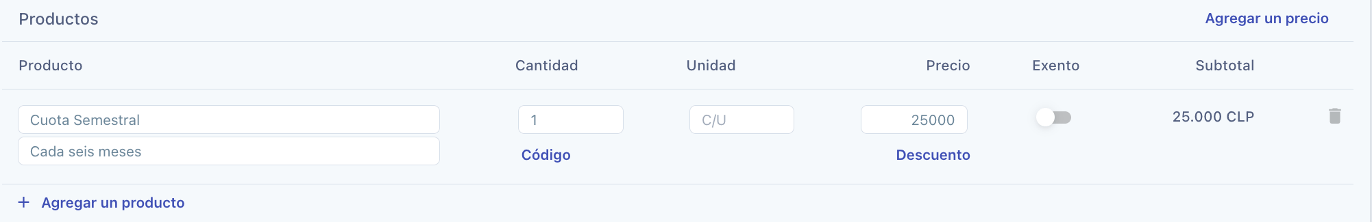 Línea de una factura con el nombre y la descripción del plan, la cantidad y el precio