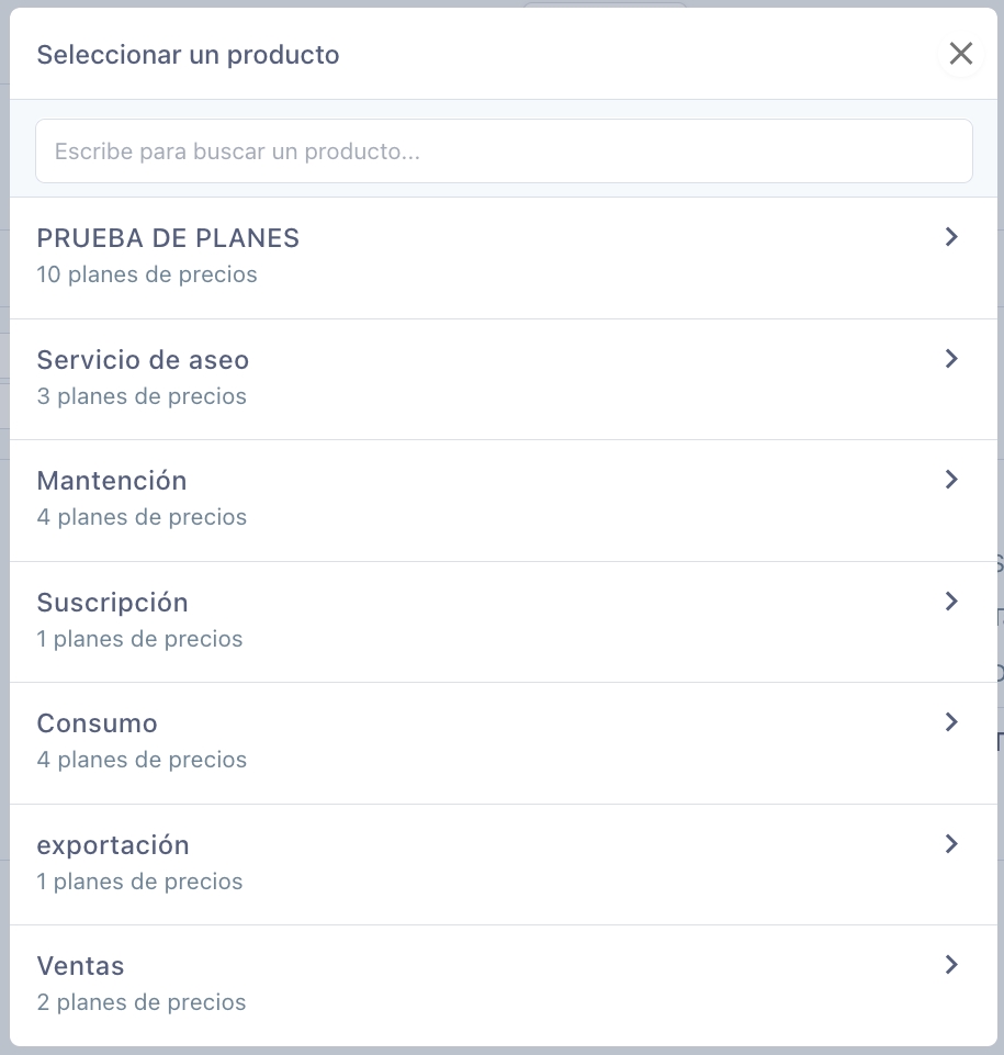 Ventana Seleccionar un producto con la lista de productos y sus planes de precios