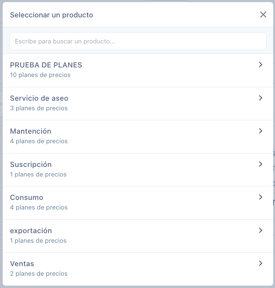 Ventana Seleccionar un producto con la lista de productos y sus planes de precios