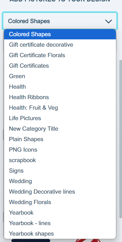 Alphabetically sorted categories in the Pictures and Text Art tab dropdown