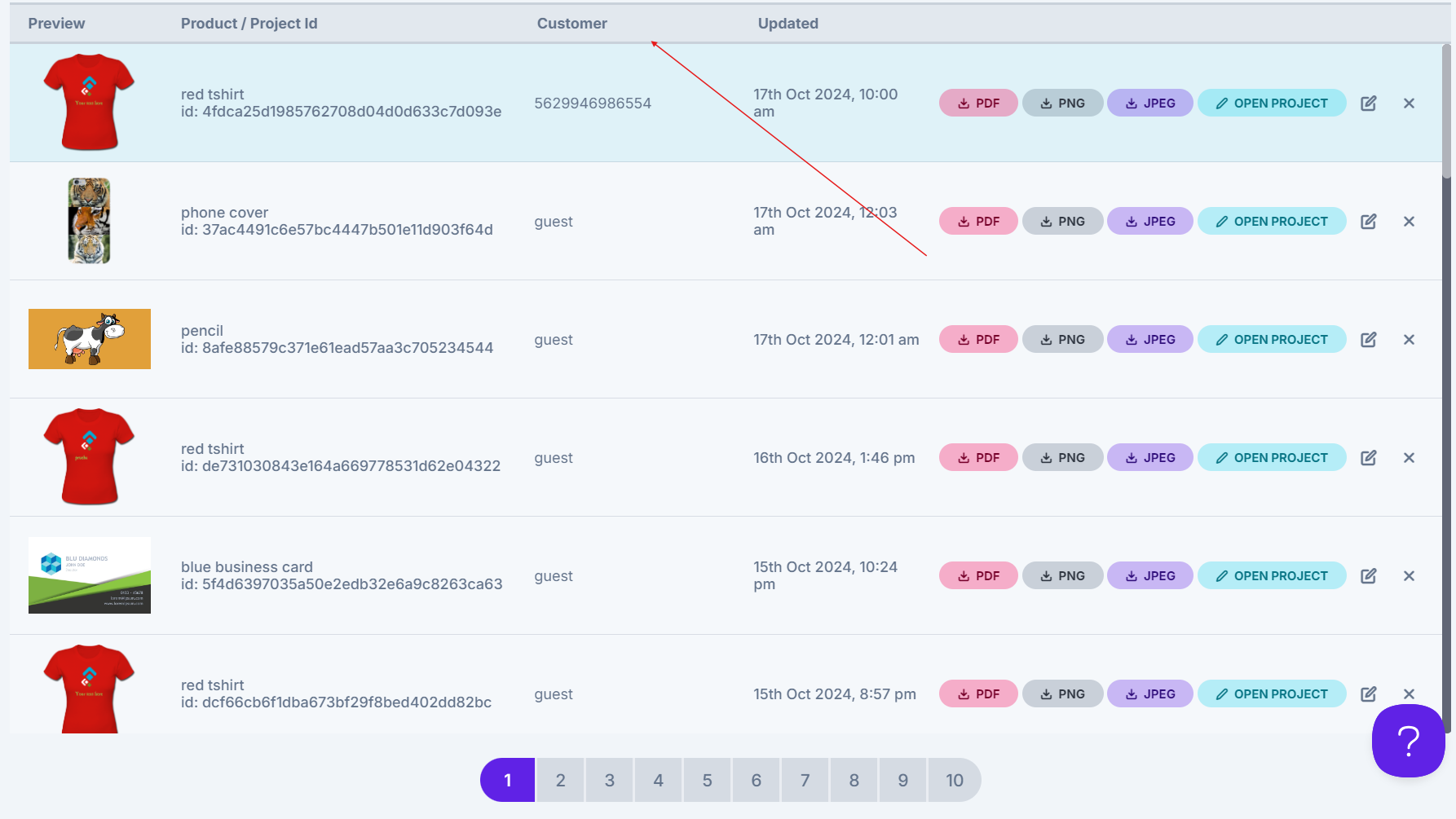 The customer ID shown in project details in the admin Projects section