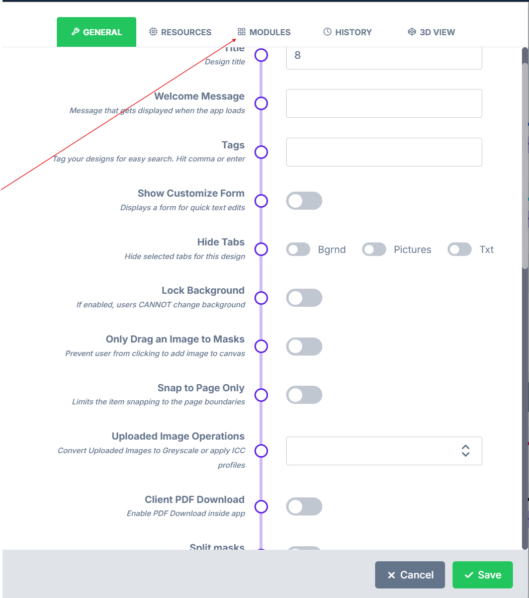 The Modules menu item in the PitchPrint admin