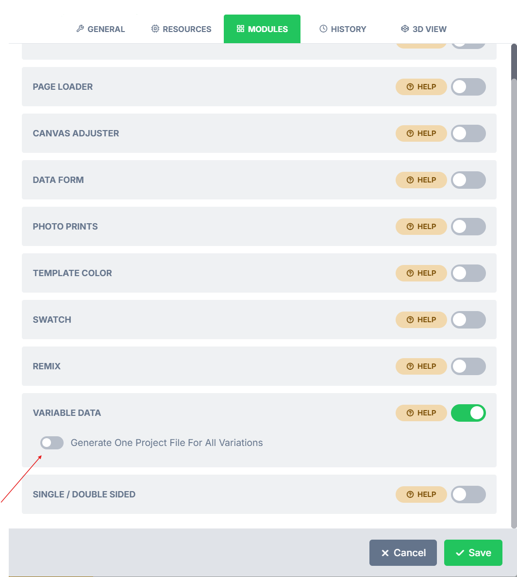 The Generate one project for all variations option enabled in the variable data module