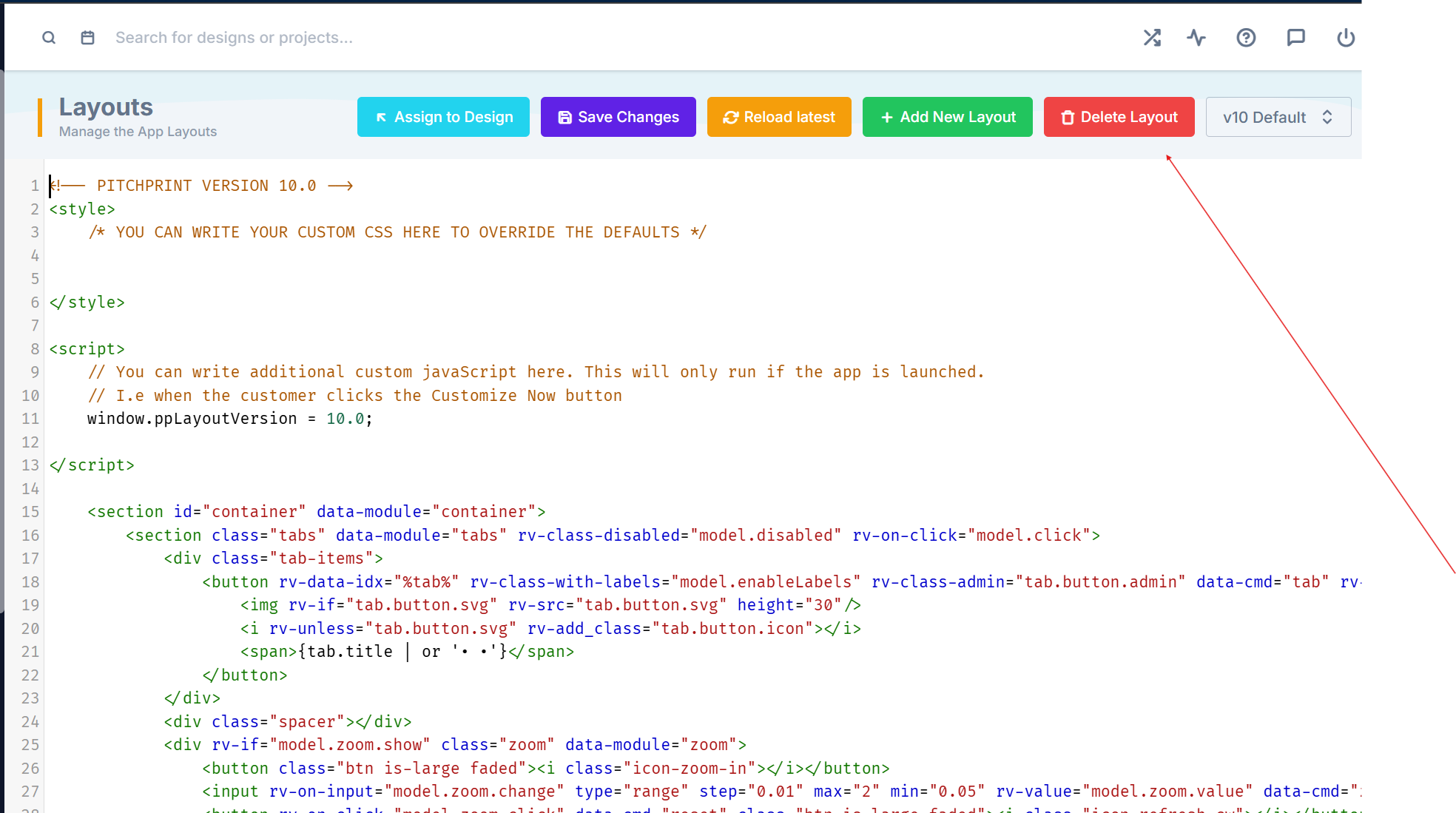 The delete control on a layout in the admin layouts list