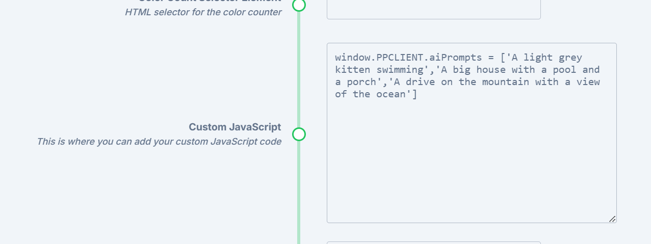 Example aiPrompts code in the Custom Javascript section of settings