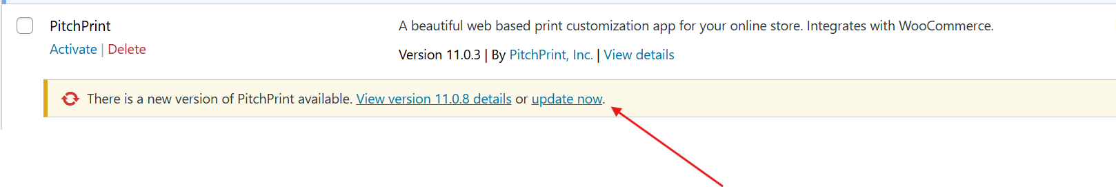 The WordPress Plugins page with the Update link for the PitchPrint plugin