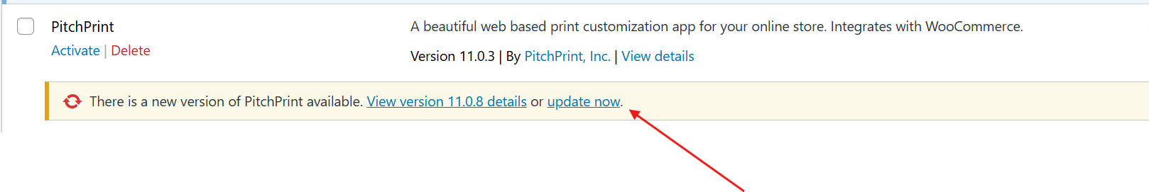 The WordPress Plugins page with the Update link for the PitchPrint plugin