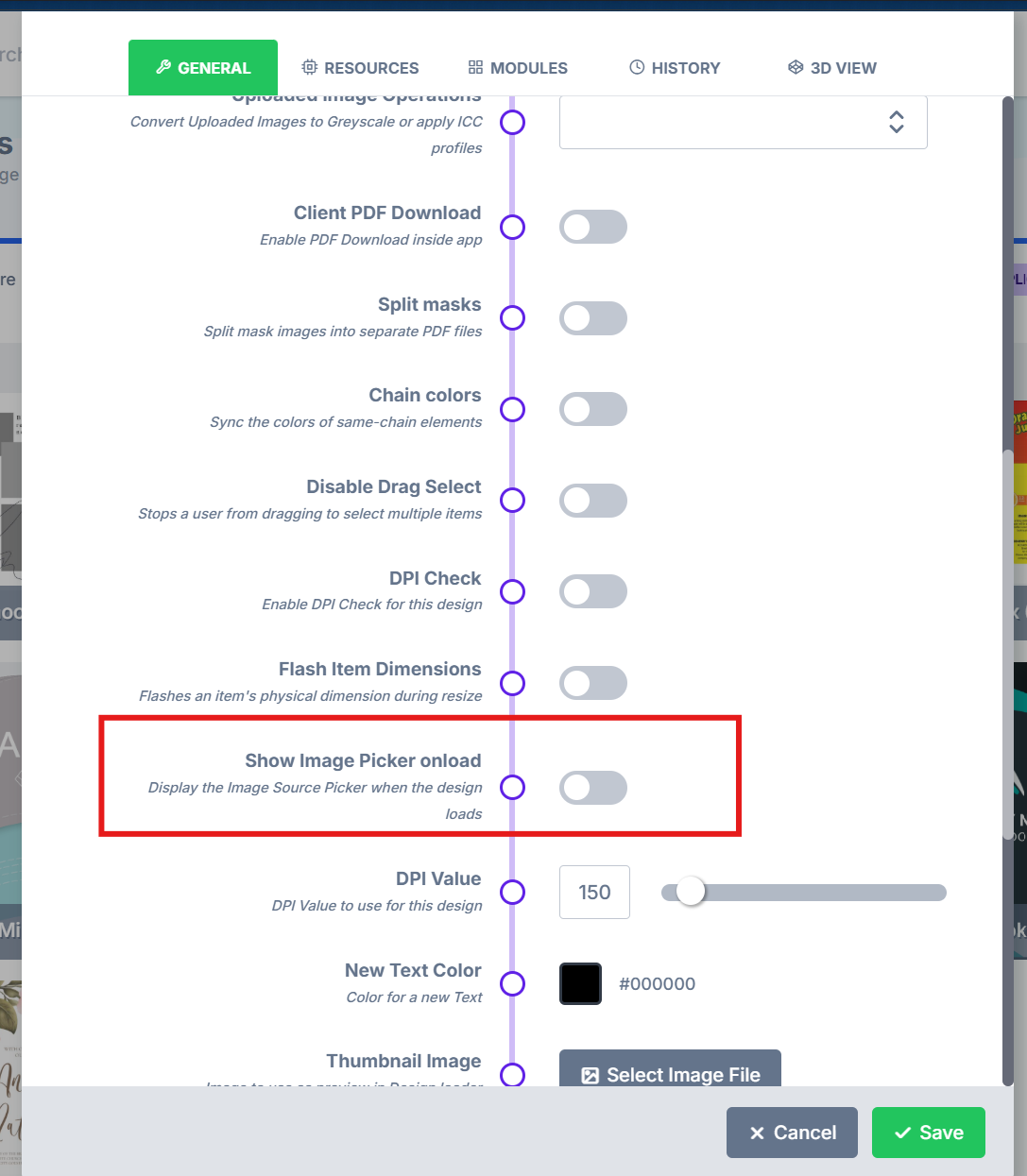 The Show Image Picker onload setting enabled in design settings