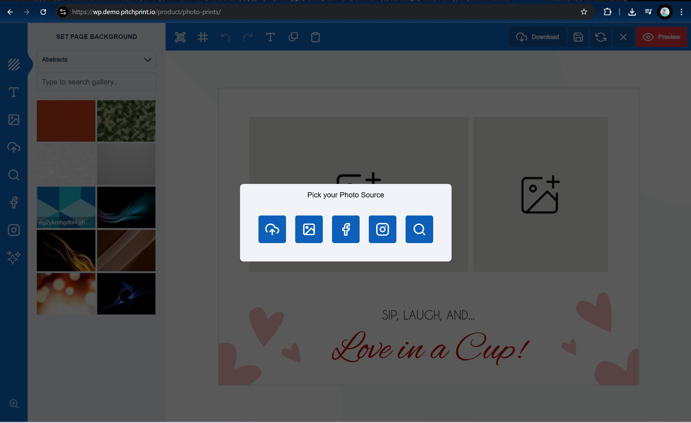 The image source picker opening automatically once the designer has loaded