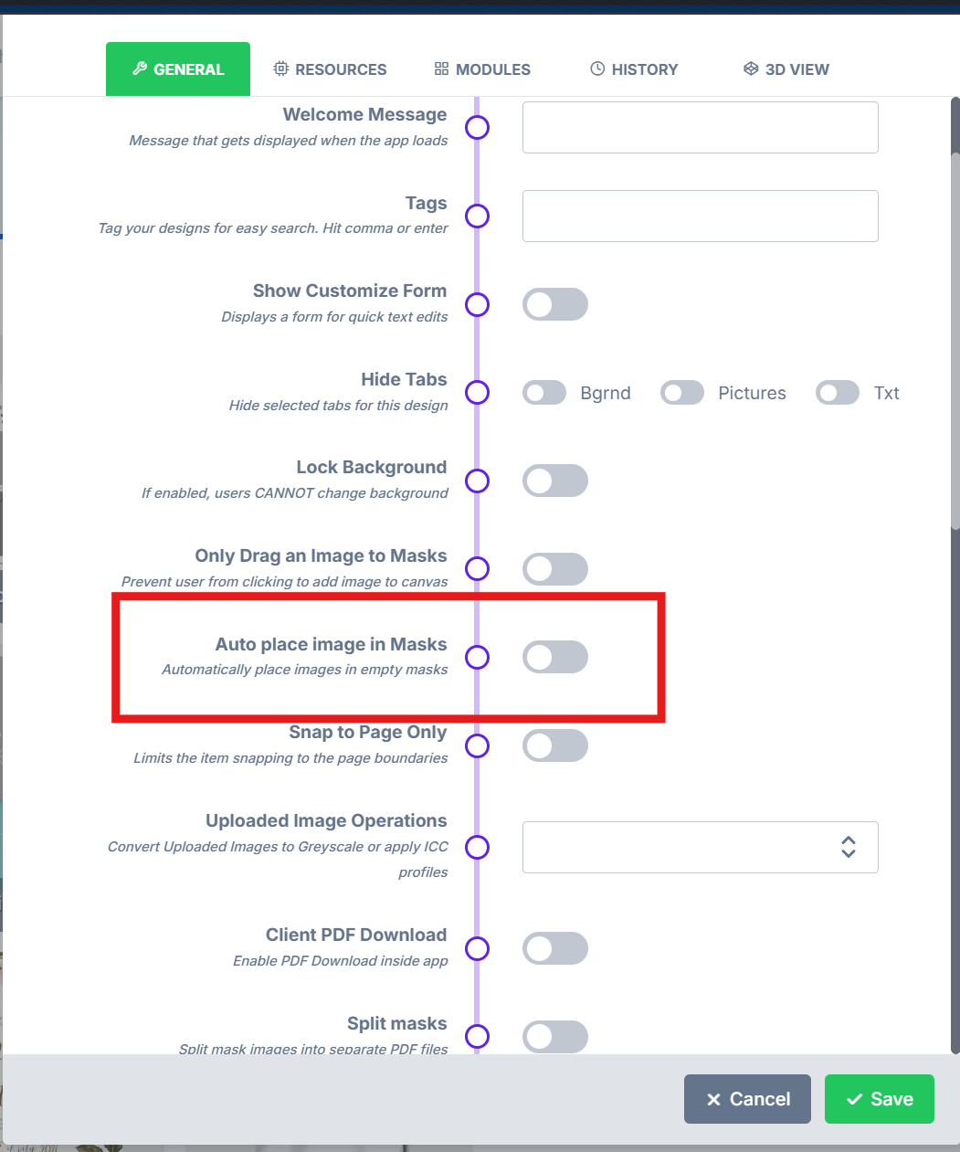 The Auto place image in Mask option enabled in design settings