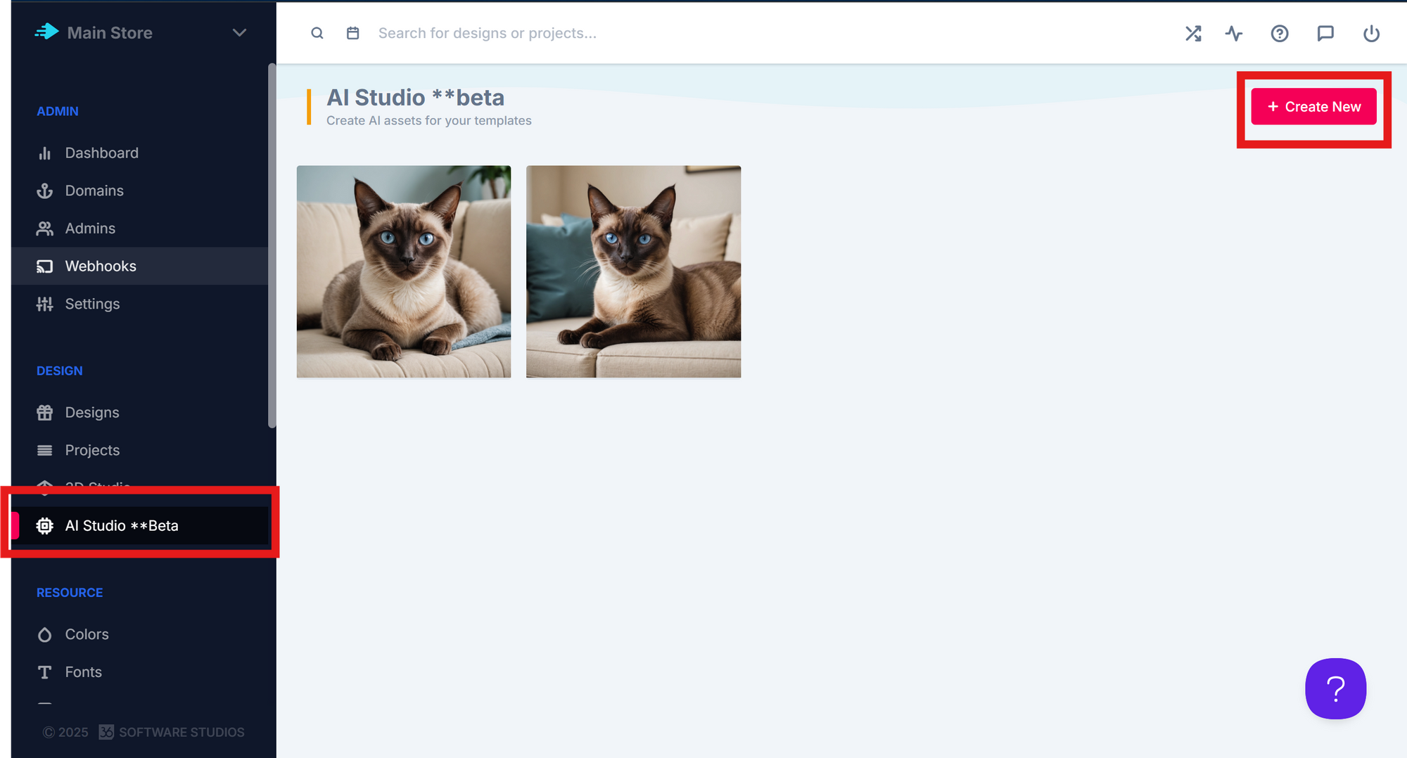 The AI Studio section in the admin with the Create New button