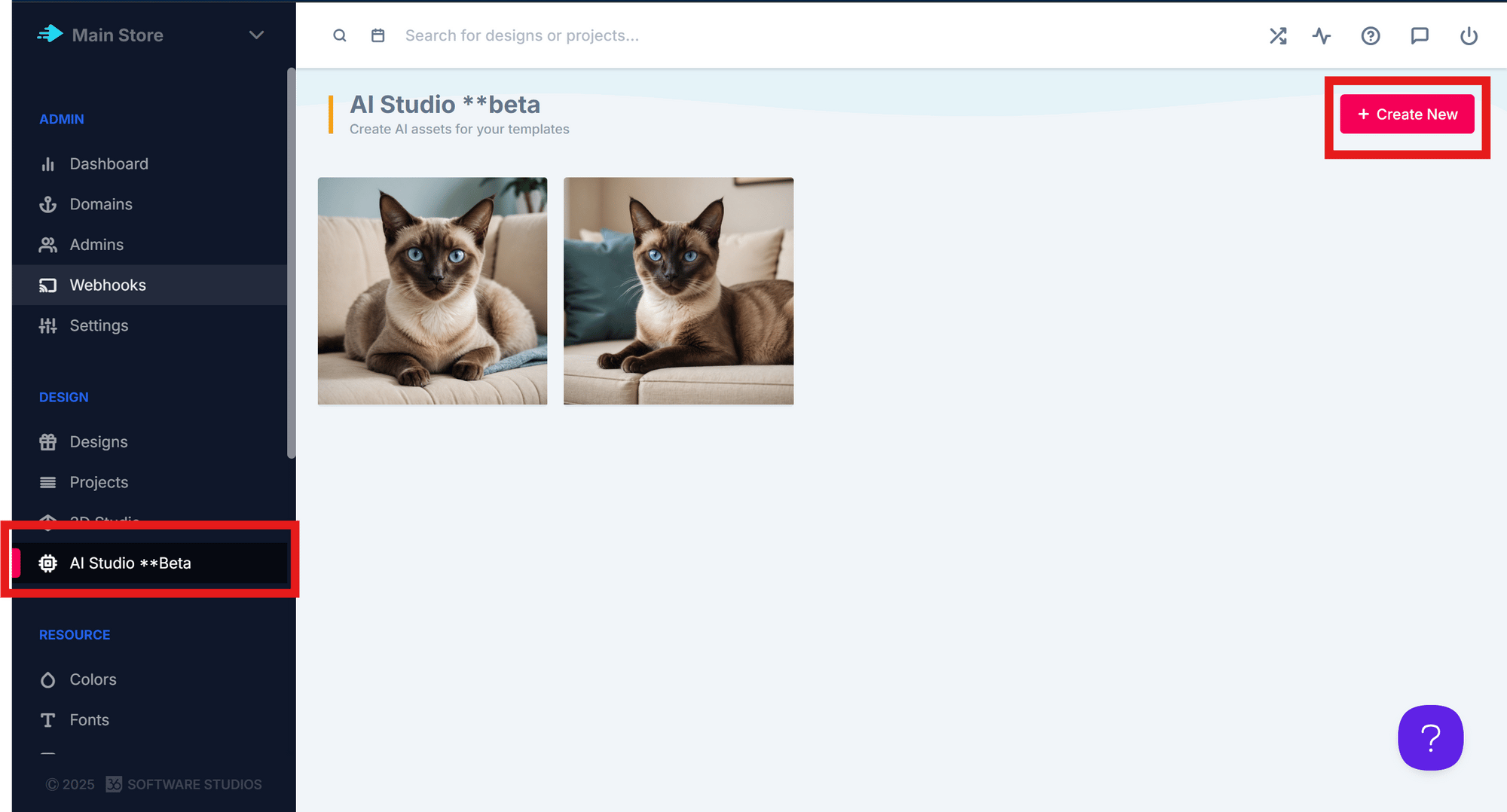 The AI Studio section in the admin with the Create New button