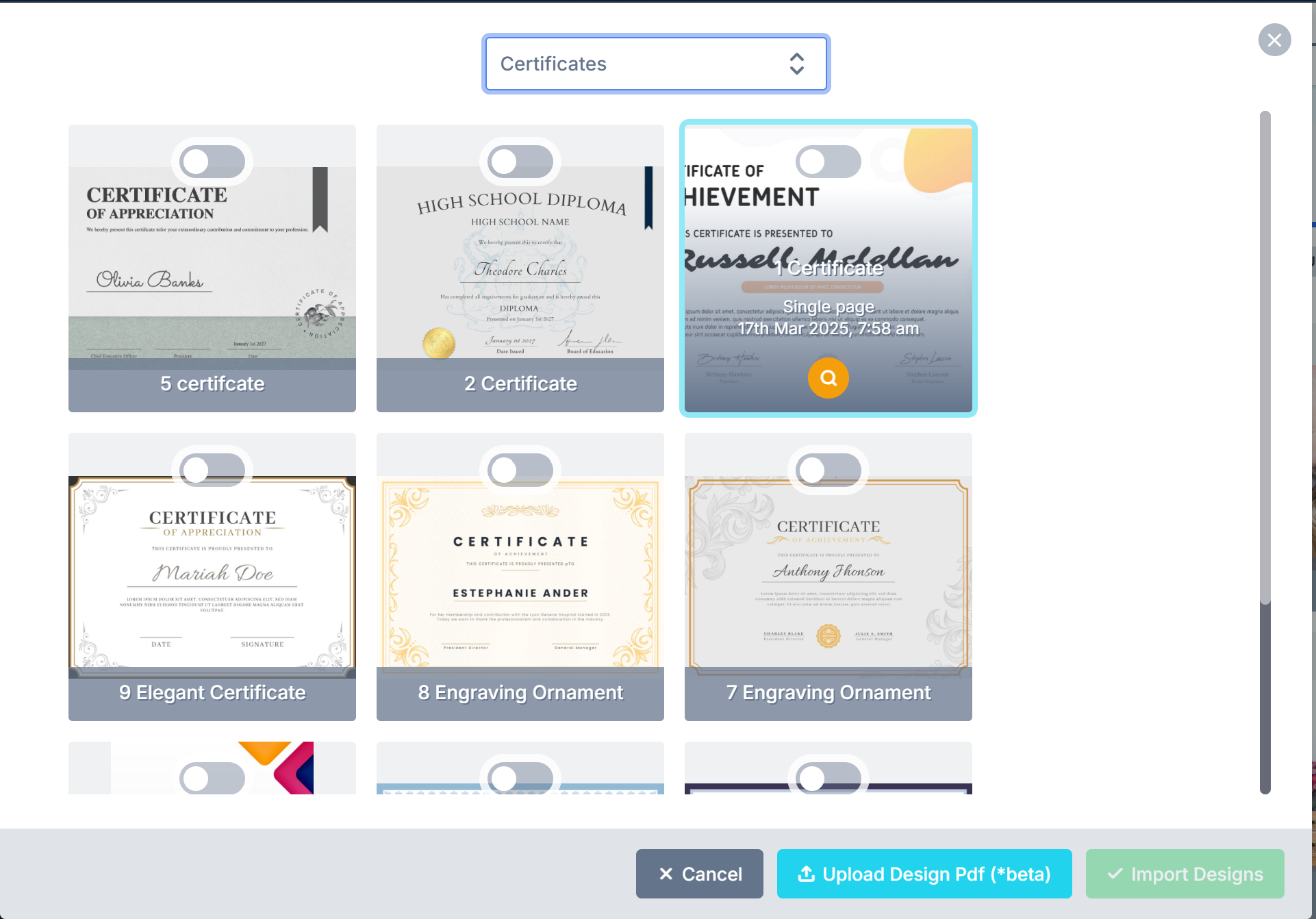 Certificate templates in the Templates Library