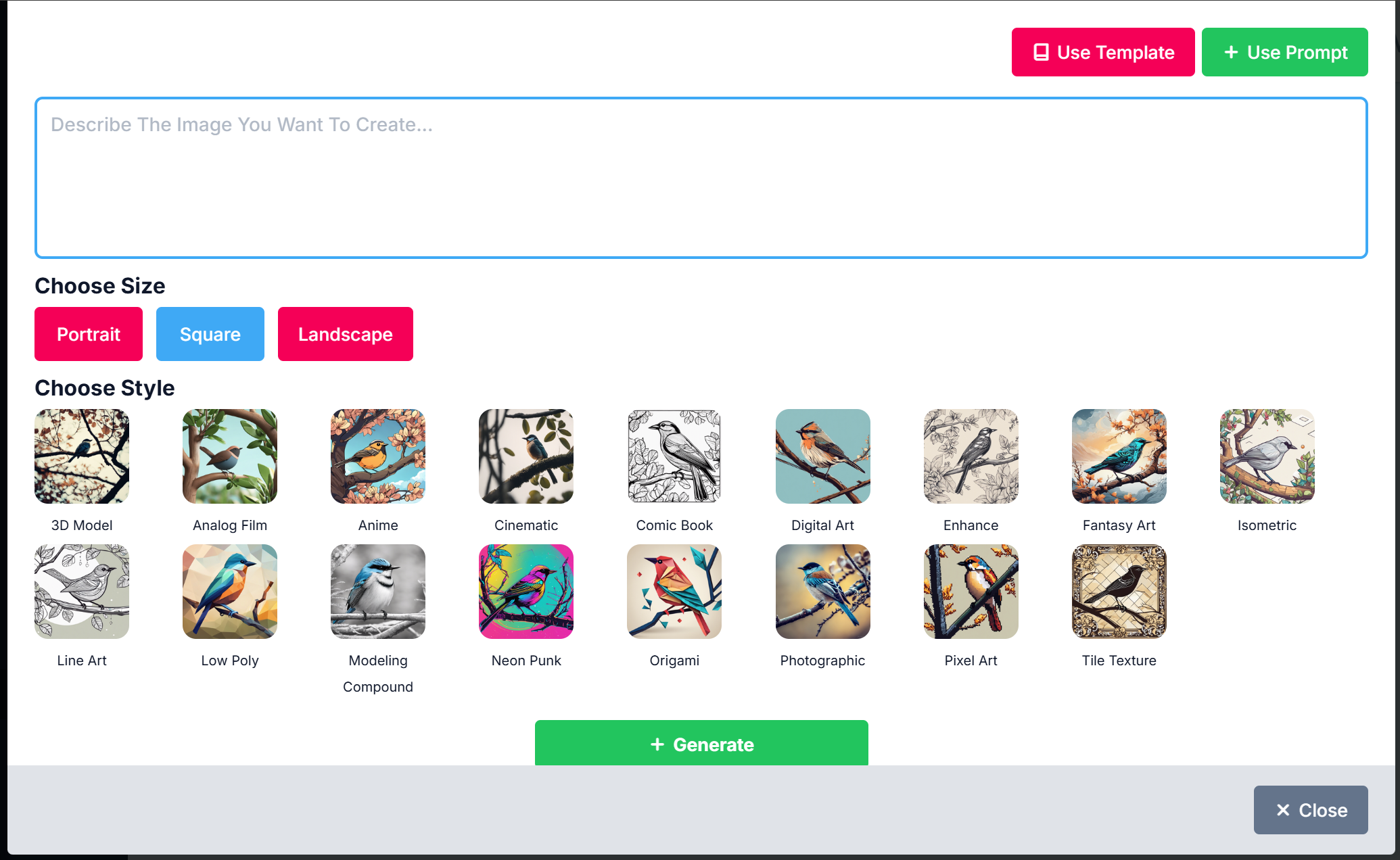 The AI Studio layout with fields for a text prompt, size and style