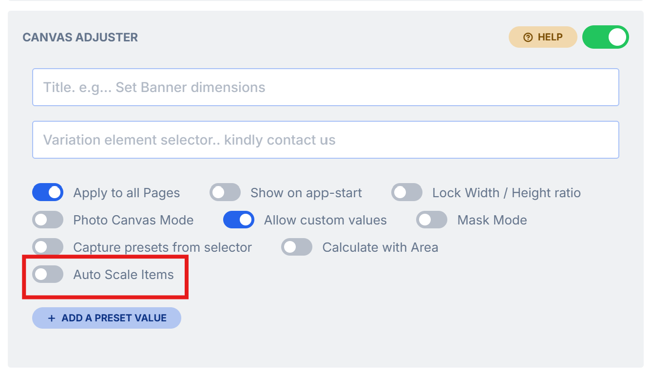 The Auto-Scale Items option in the Canvas Adjuster settings