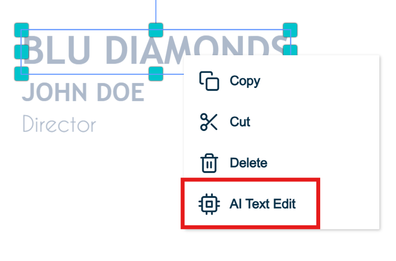The AI Text Edit option in the text editing pop-up menu