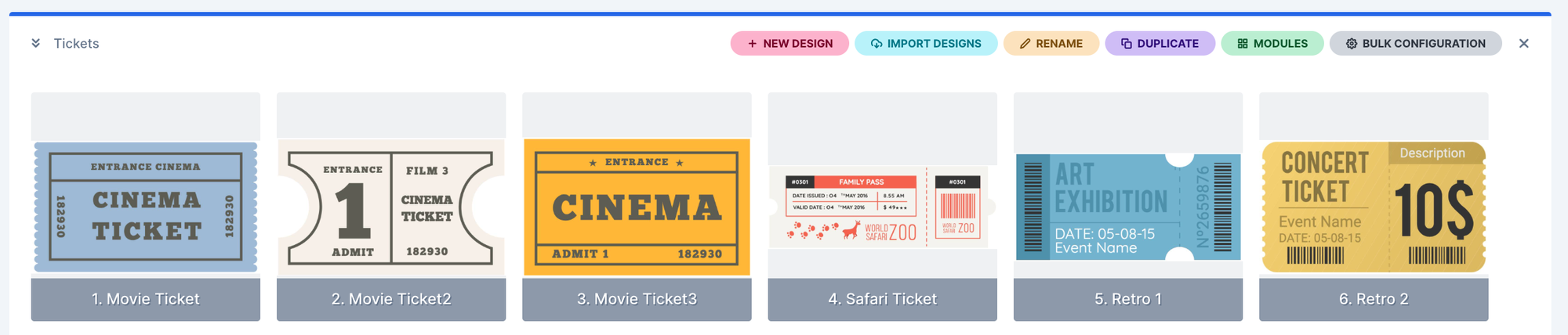 The new Tickets and Event Programmes design category in the store