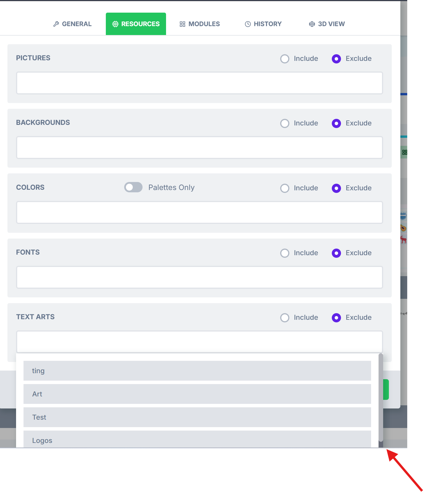 The admin resource page with a scrollbar added to the resource list