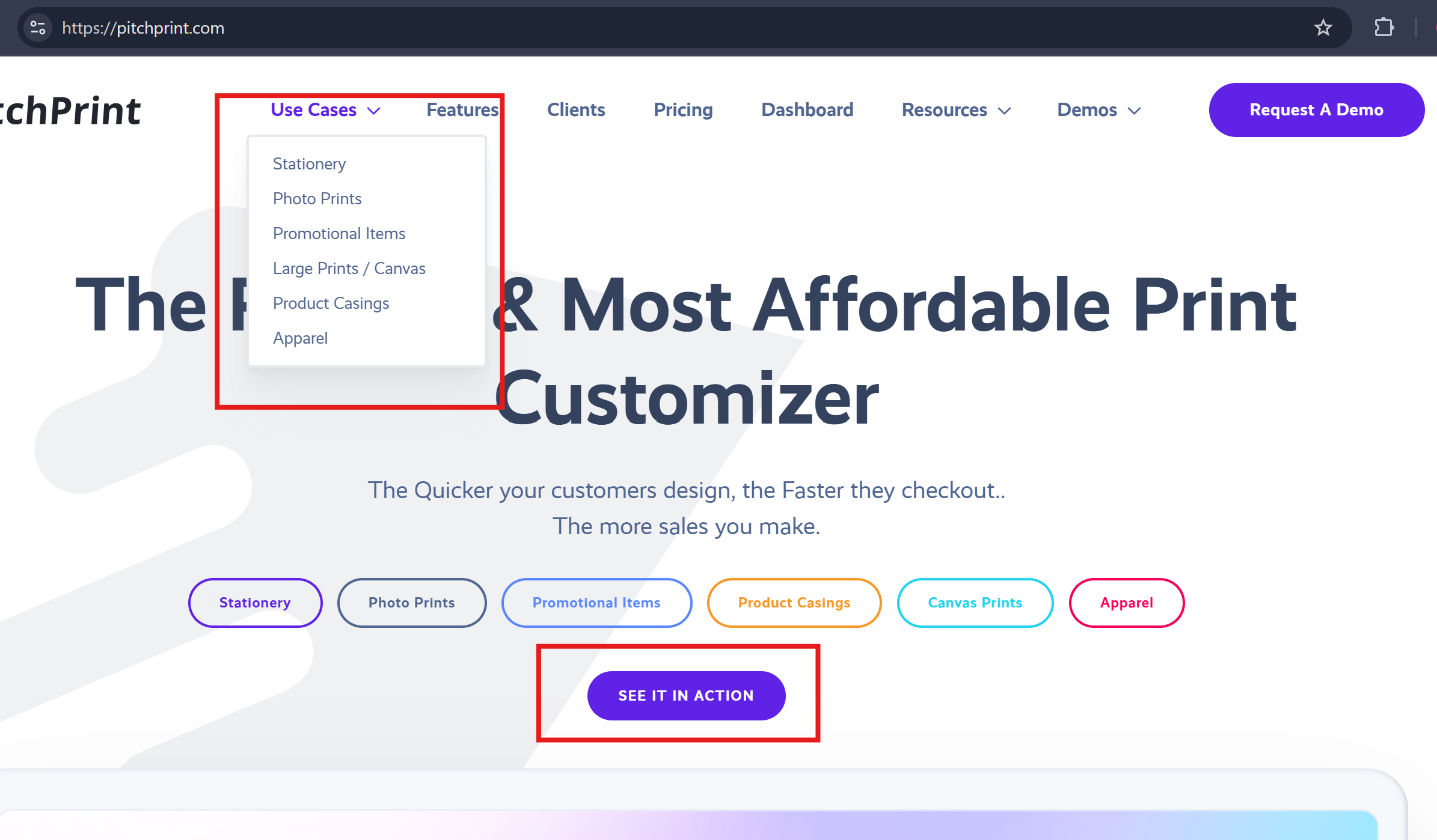 Product category selector and See It In Action button on the PitchPrint website