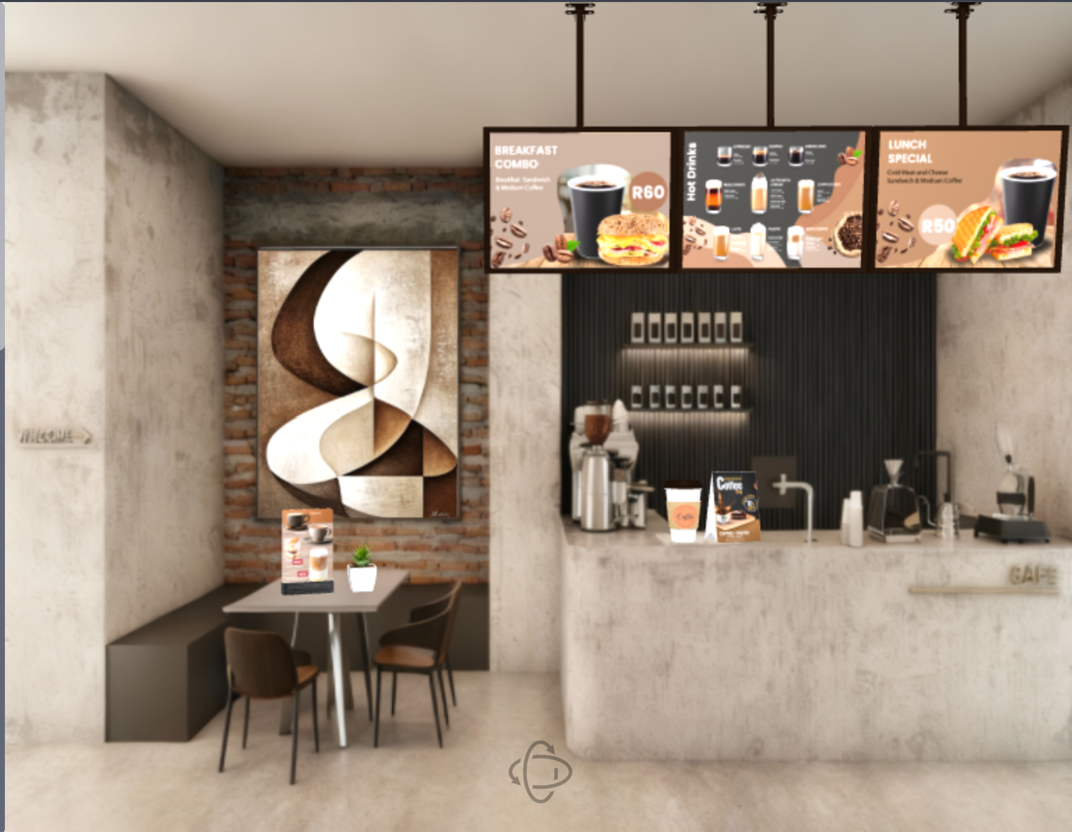 A 3D cafe interior scene with menu boards, wall art and a table card